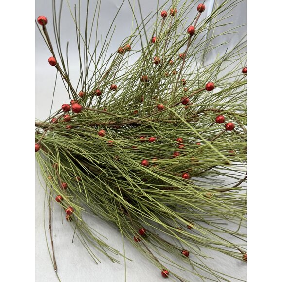 set 3 Artificial Pine green Branches Red Berries Christmas red shine balls 34" - Picture 3 of 8